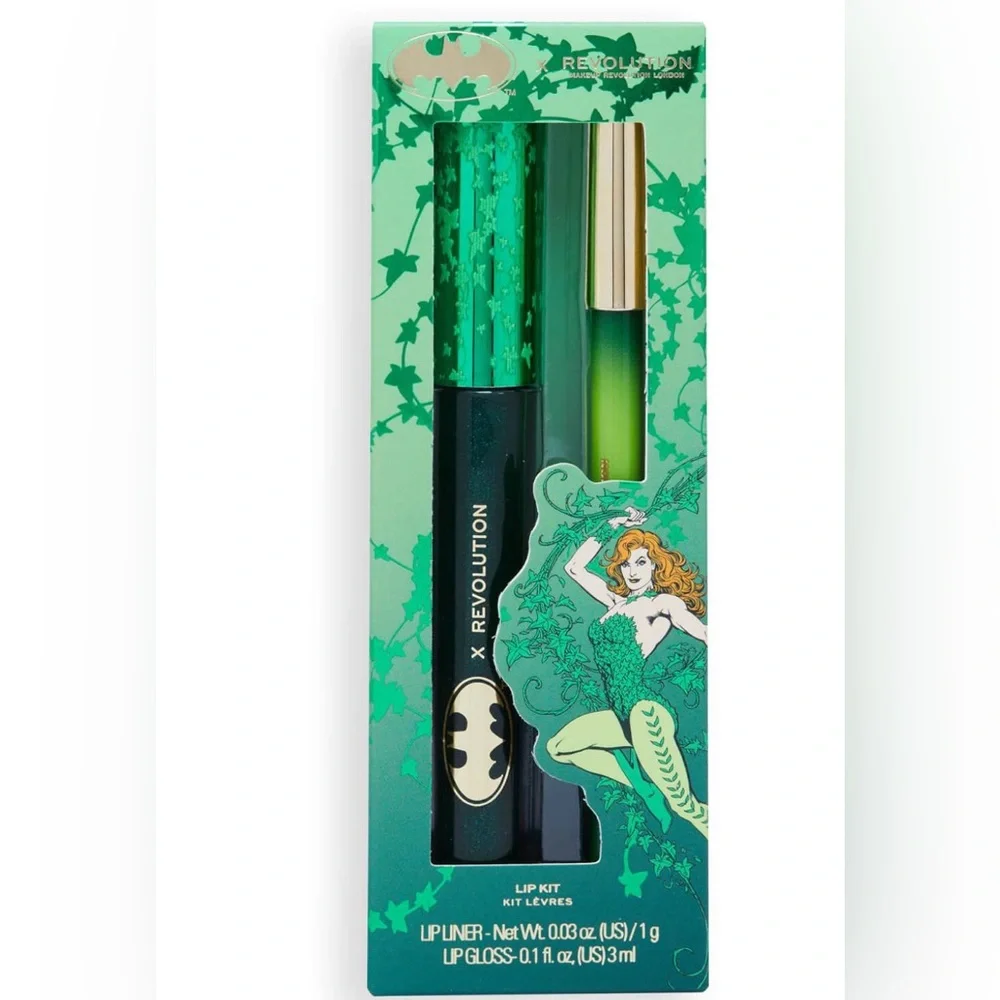 Revolution x DC Lucky Kiss Poison Ivy Lip Kit Lipstick Lip Liner Green Red New